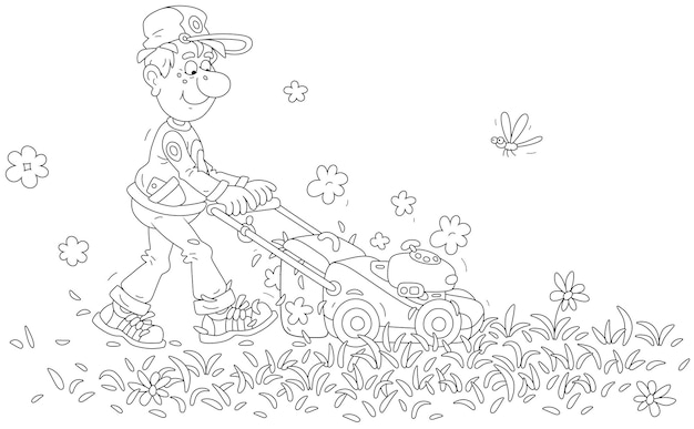 Вектор Забавный мальчик-газонокосилка с траворезом, ухаживающим за своим летним газоном