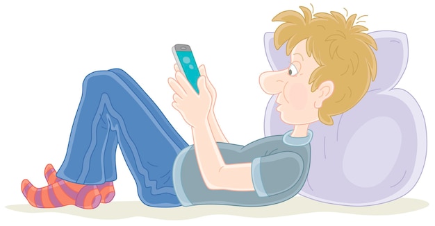 Vector funny boy lying on his bed and playing with a smartphone