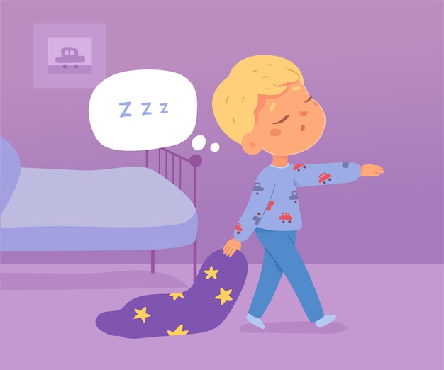 Вектор Забавный мальчик-сомнамбул лунатизм ночью маленький ребенок спящий сумасшедший в пижаме, идущий возле дивана в домашней гостиной концепция сомнамбулического расстройства