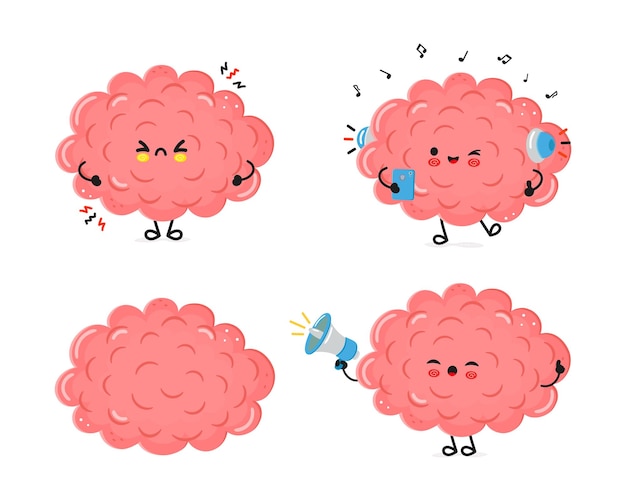 Funny brain characters bundle set vector hand drawn doodle style cartoon character illustration icon