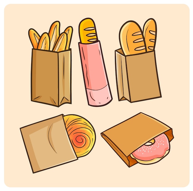 Pane o pasticceria divertente in imballaggi di carta in semplice stile doodle