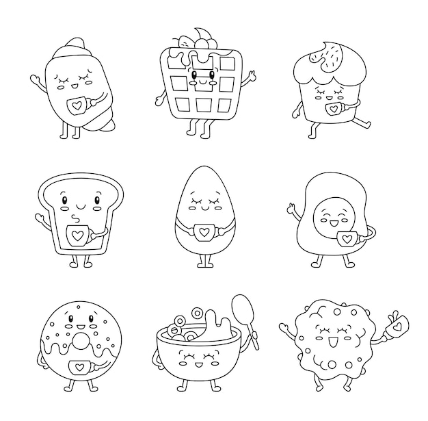 Funny breakfast characters Coloring Page Variety cute kawaii food with cartoon faces