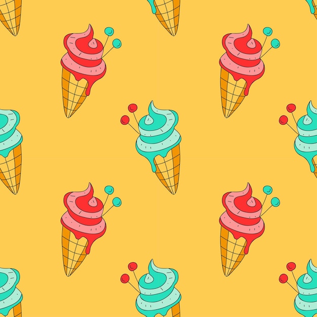 Vector funny bright icecream seamless pattern colorful ice cream in waffle cone with cherry topping