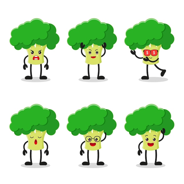 Funny broccoli cartoon with many expressions different vegetable activity vector illustration