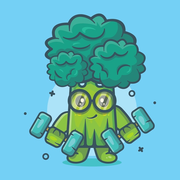 funny broccoli vegetable character mascot doing bodybuilding using dumbbell isolated cartoon