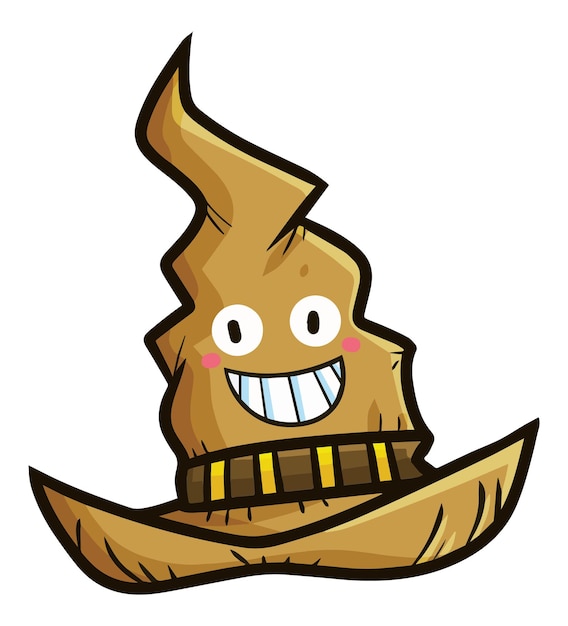 Funny brown witch hat character with big smile