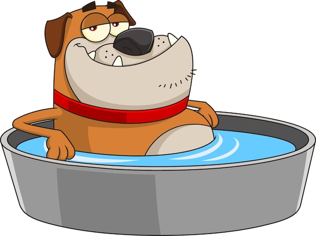 Funny Bulldog Cartoon Character Bathing In A Tub Water Vector Hand Drawn Illustration