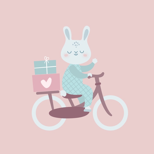 Funny bunny on bicycle with gifts