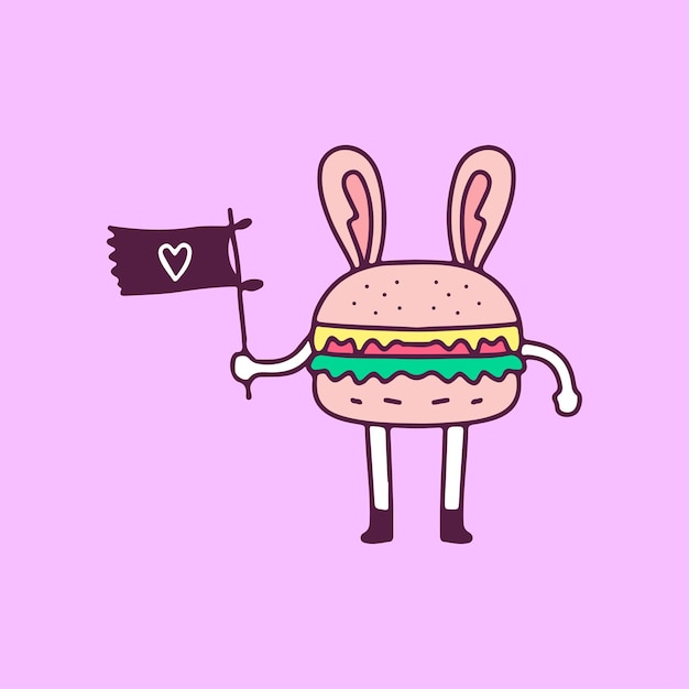 Vector funny bunny burger holding flag, illustration for t-shirt, sticker, or apparel merchandise.