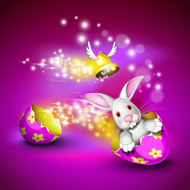 Coniglietto divertente che guida un guscio d'uovo decorato su uno sfondo pruple