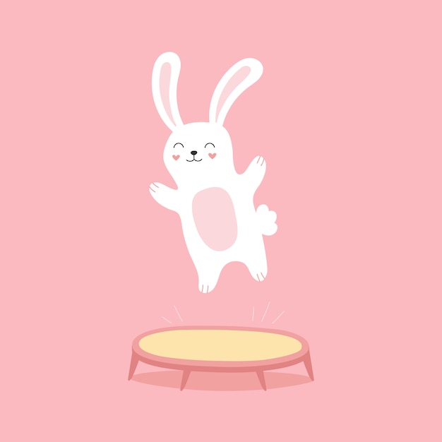 Funny bunny jumping on a trampoline. cartoon happy character for children.