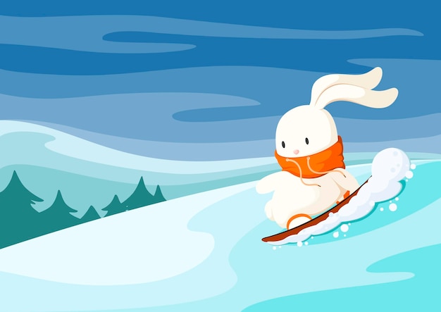Vector funny bunny snowboarding cartoon design