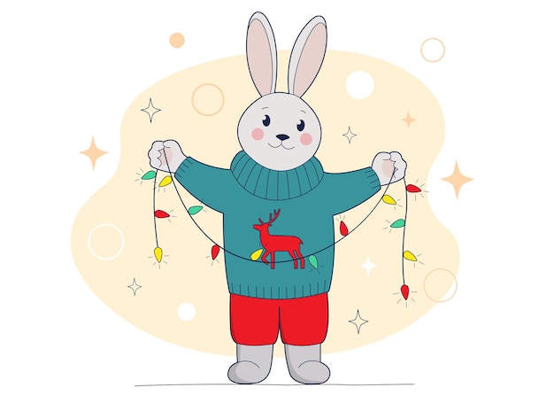 Funny bunny in sweater holding Christmas garland Winter design