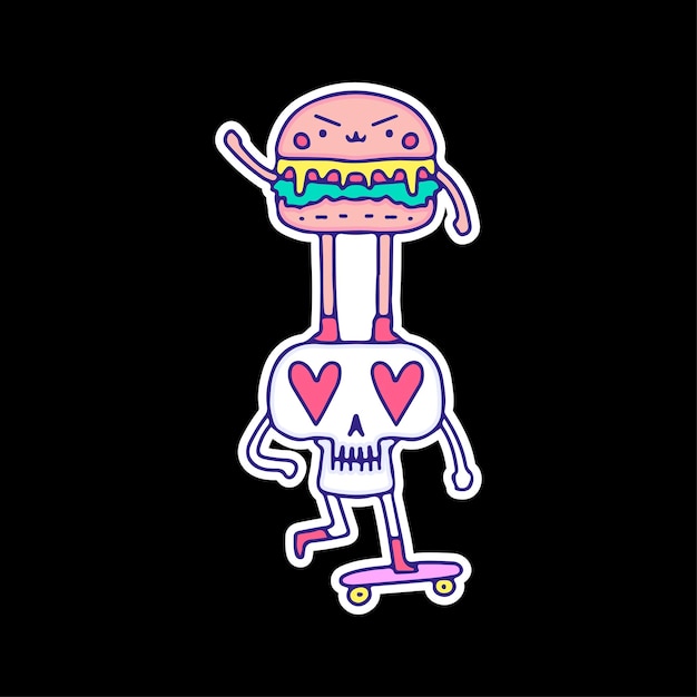 Divertente personaggio hamburger e teschio in sella a skateboard, illustrazione per t-shirt, adesivo