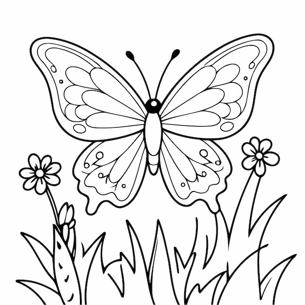 Funny butterfly garden drawing illustration for colouring page