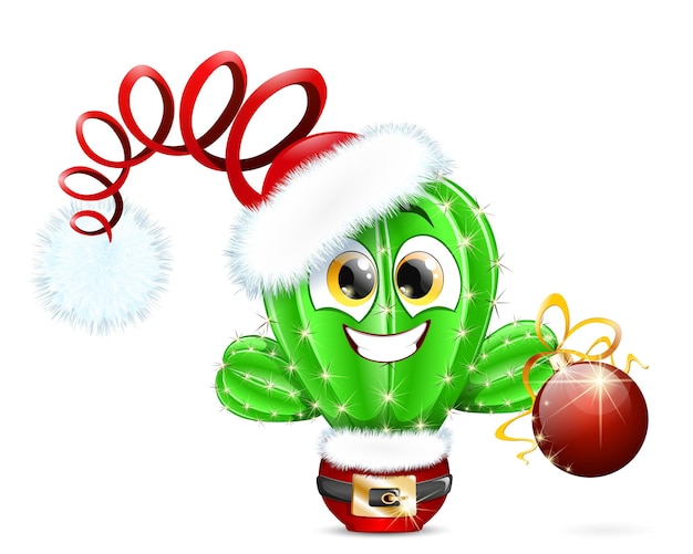 Funny cactus character in Santa Claus hat with hanging Christmas ornament in Santa tree pot