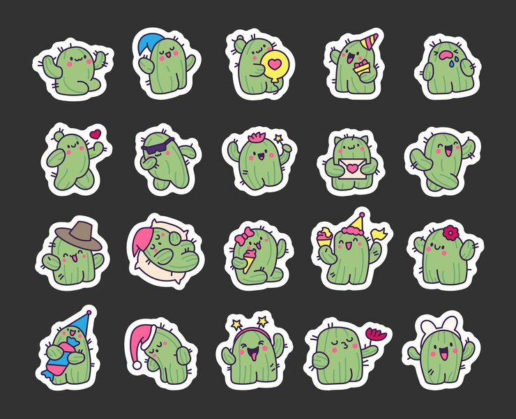 Vector ワクワクするカクタス ステッカー ブックマーク 可愛い笑顔のキャルーンキャラクター 手描きのスタイル ベクトル絵画