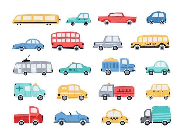 Funny cars Colourful public transport cute town vehicle for kids City and school bus taxi car and simple cab truck cartoon vector illustration set