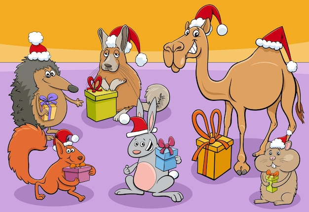 Funny cartoon animal characters group with christmas gifts