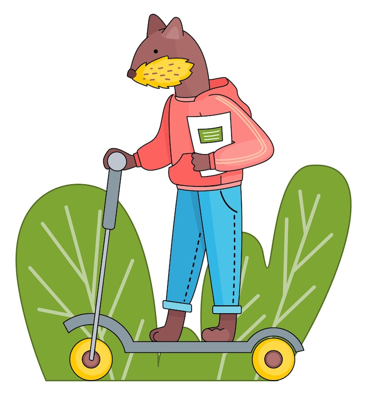 Vector 手にノートを持つビーバーの男子生徒がスクーターに乗っている面白い漫画の動物の学生