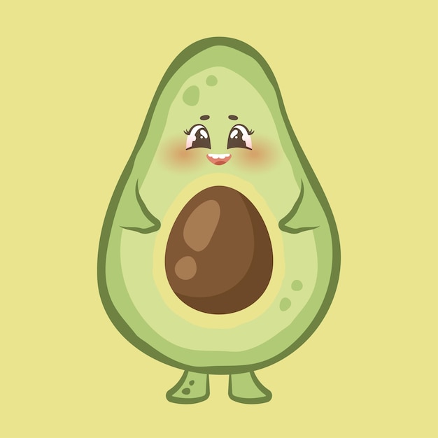 Funny cartoon avocado isolated on yelllow background Comic cute character with happy face Kawaii avocado with pit Exotic fruit Vector illustration