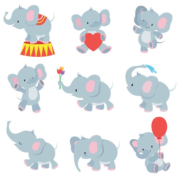 Vector funny cartoon baby elephants  collection for kids stickers