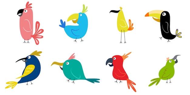 Funny cartoon birds Collection of illustration parrots