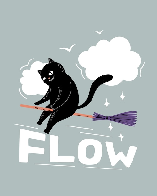 Funny cartoon black cat on witch's broom Hand Drawn Halloween card design Flow lettering