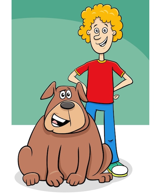 Vector funny cartoon boy character with his pet dog