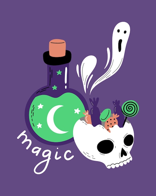 Funny cartoon broken skull with sweets magic potion bottle and flying ghosts hand drawn halloween card design