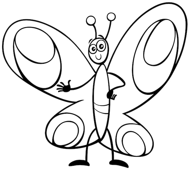 Vector funny cartoon butterfly insect animal character coloring page