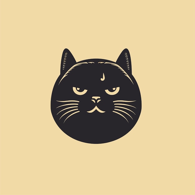 Funny cartoon cat face portraite icon black engraving on biege background vector illustration