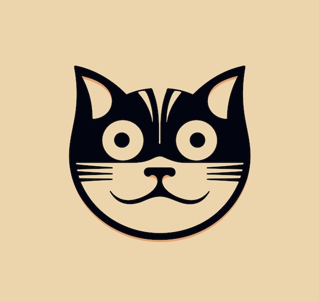 Vector funny cartoon cat face portraite icon black engraving on biege background vector illustration