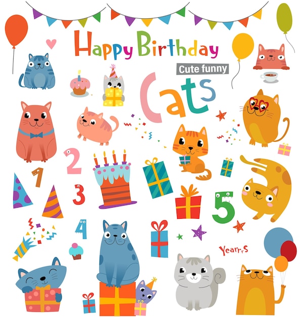 Funny cartoon cats and design elements for birthday card