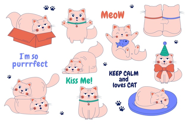 Funny cartoon cats doodle Character cat Lettering cat Unicorn cat