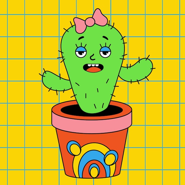 Funny cartoon character Groovy element funky cactus girl with bow in pot Trendy retro comic cartoon