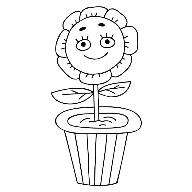 Funny cartoon character groovy element funky flower power in pot linear hand drawn doodle