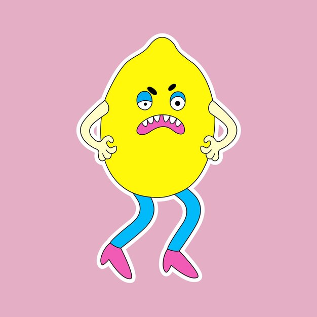 Funny cartoon character Lemon with the emotion of anger Cute fruit sticker in retro style