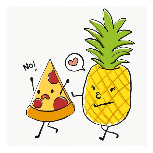 Personaggio dei cartoni animati divertente, pizza e ananas