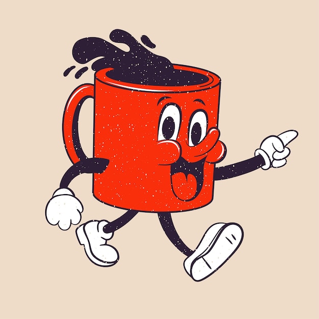 Personaggio dei cartoni animati divertente. illustrazione vettoriale di tazza di tè, caffè. elemento comico in stile retrò