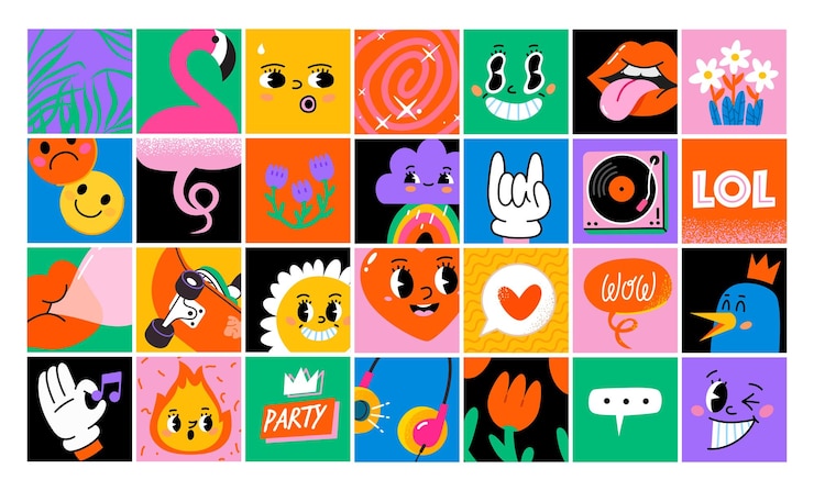 Vector 面白い漫画のキャラクターと要素ステッカー パック正方形のポスター プリントフラワー ハート虹のベクトル イラストトレンディなレトロな漫画のスタイルのコミック要素のセット