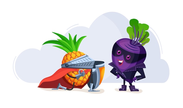 面白い漫画のキャラクター スーパー ヒーローの衣装の愛好家プラムとパイナップルの果物一緒にパイナップルはプラムへの愛を告白野菜文字ベクトル図