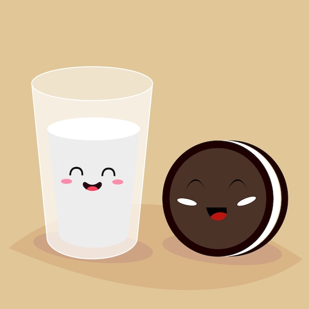 Funny cartoon characters of glass of milk and cookie