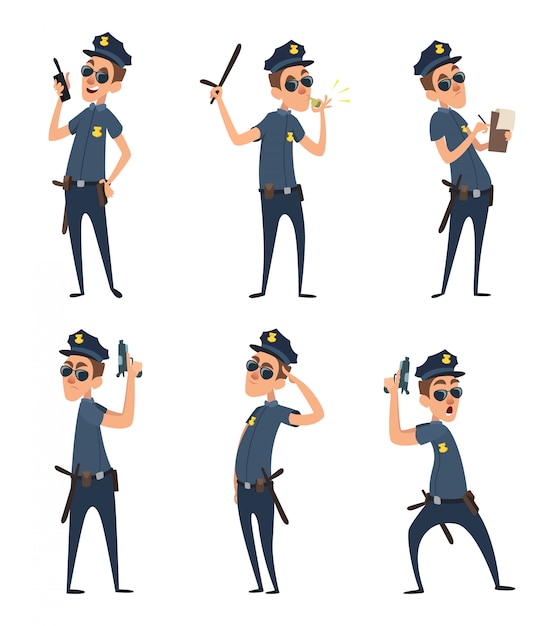 Funny cartoon characters of policemen in action poses