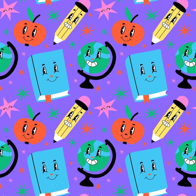 Funny cartoon characters seamless pattern hand drawn abstract faces comic pencil and book apple and globe velvet background decor textile wrapping paper wallpaper vector print or fabric