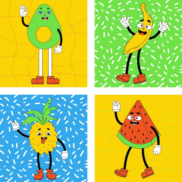 Funny cartoon characters set Groovy elements funky fruits Sticker pack posters prints Comic retro