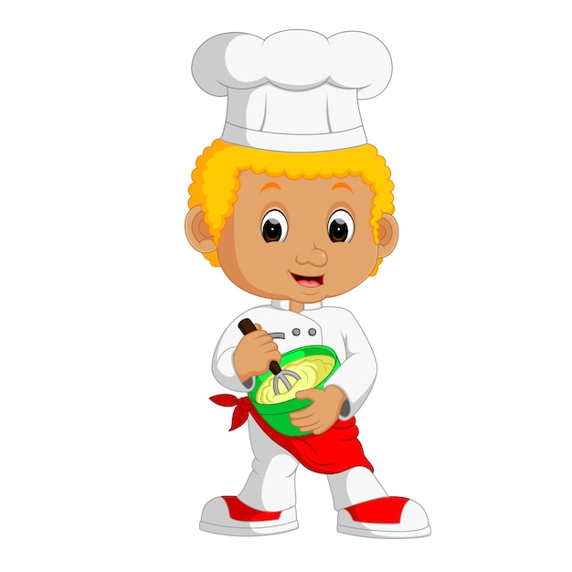 Funny cartoon chef boy making cake