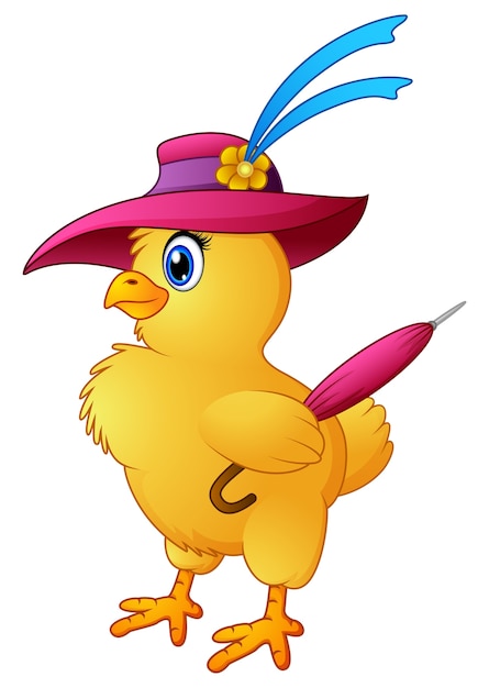 Vettore il cappello da portare del pollo divertente del fumetto con tiene un ombrello