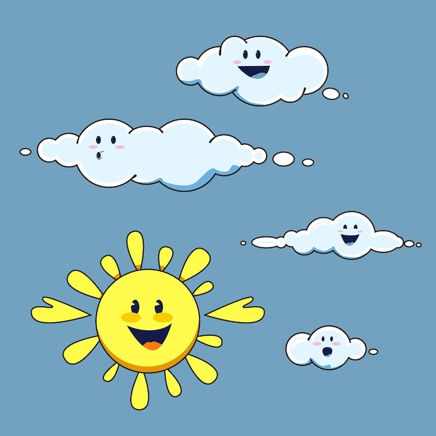 Смешные мультяшные облака с улыбками мультяшное солнце Векторная плоская графика на синем фоне