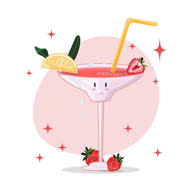 Funny cartoon cocktail character with strawberry and lemon. Summer holiday background.